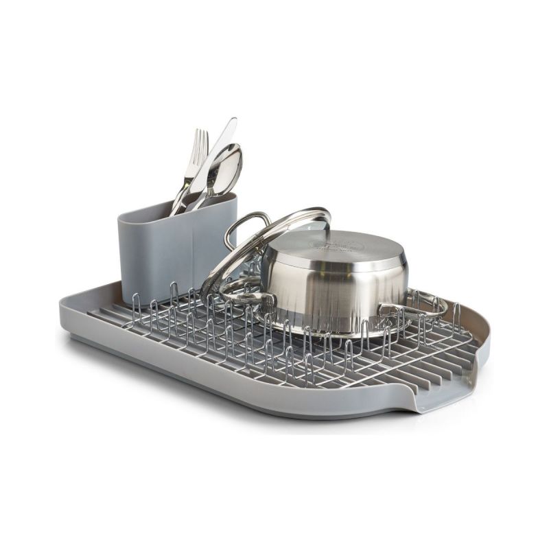 Suport de vase, cu tava si suport de tacamuri, din metal si plastic, 45 cm, Dish Drain Rack Zeller