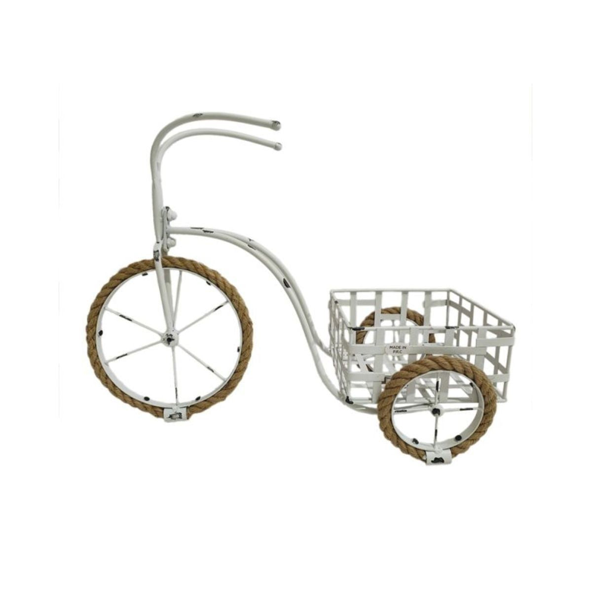 Suport pentru ghiveci in forma de bicicleta , din metal vopsit alb antichizat, 58x23x42 cm