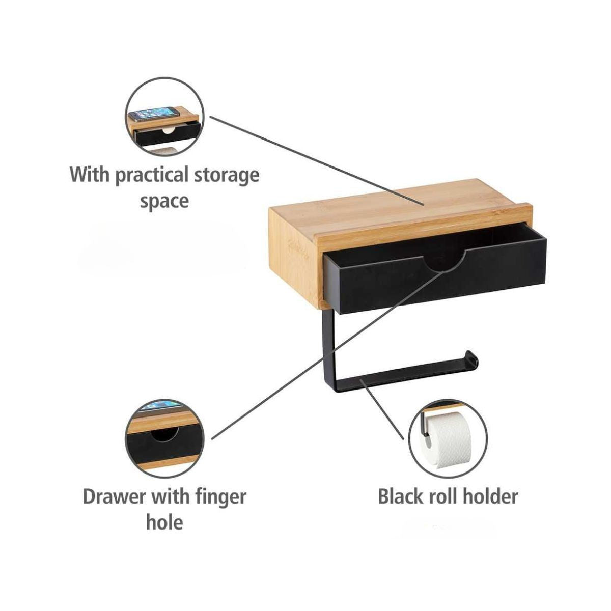 Suport pentru hartie igienica, cu sertar si spatiu pentru telefon, Bambusa Wenko