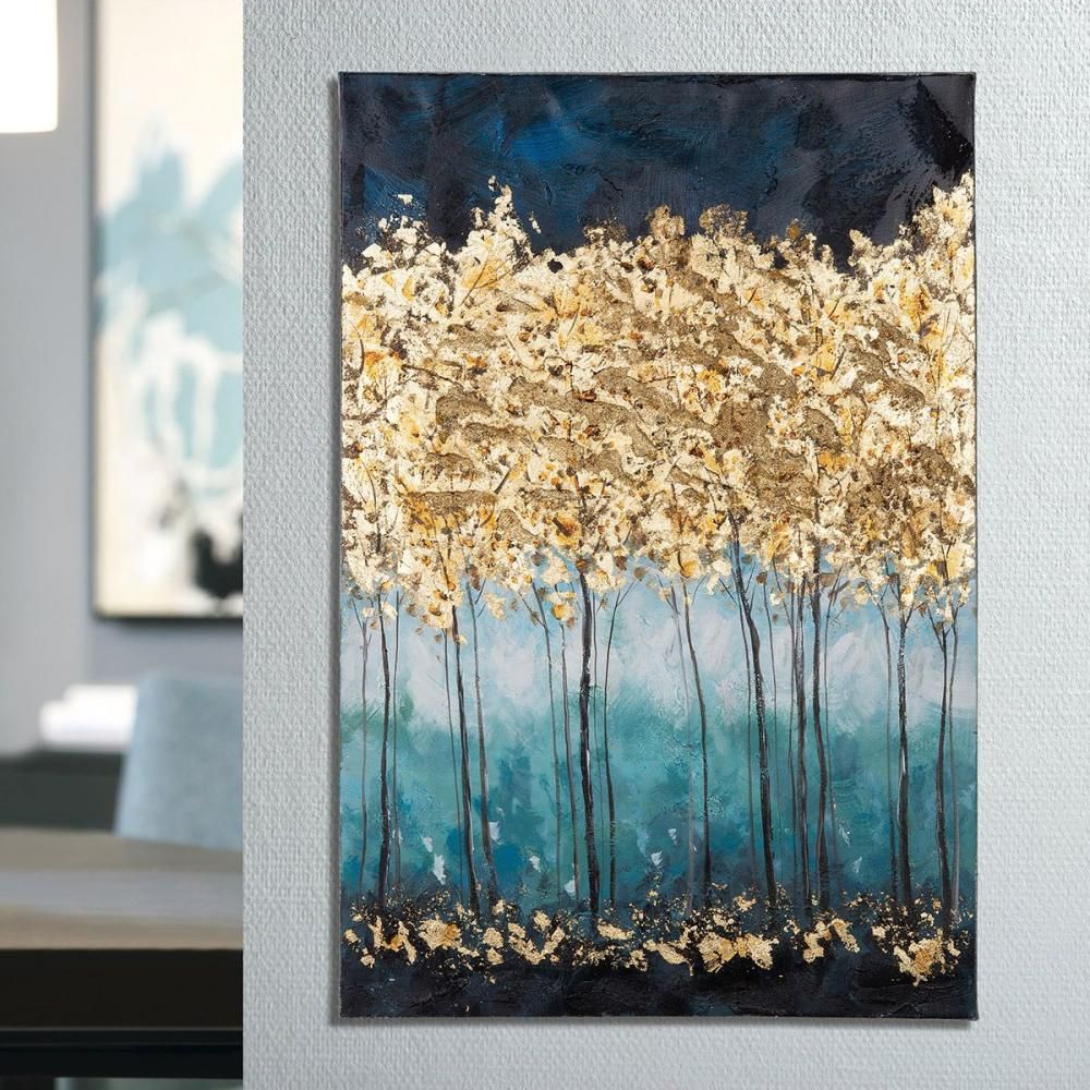 Tablou albastru 60x92 cm din canva si lemn Golden forest Gilde