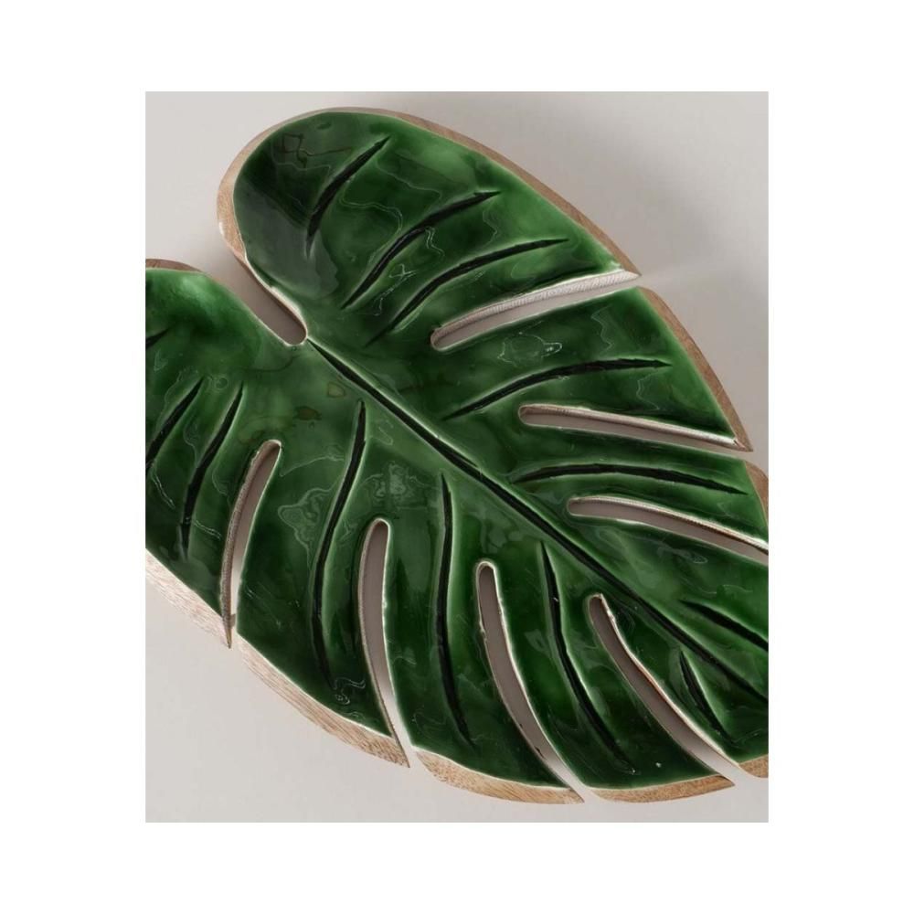 Tava decorativa verde din lemn de mango 30 x 20 cm Monstera Boltze